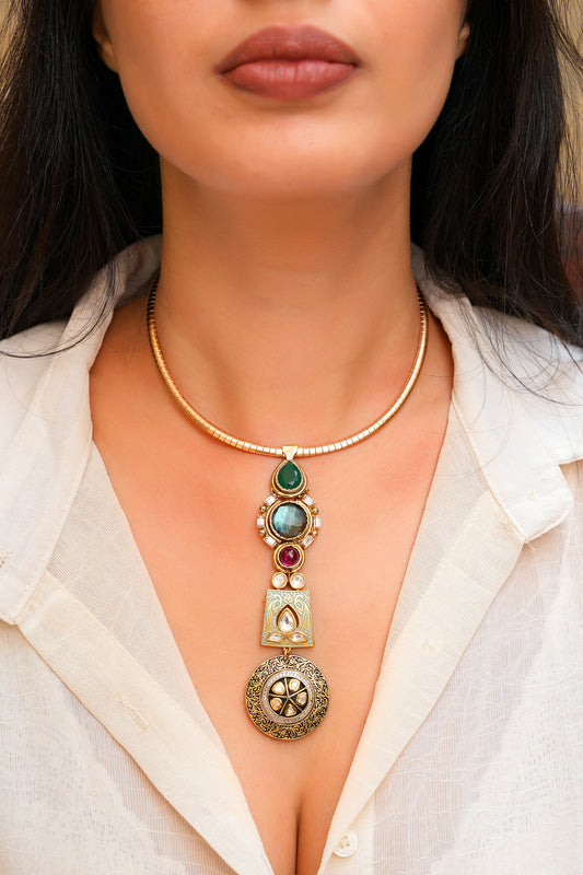 Imperial Labradorite & Enamel Hasli – Handcrafted Multi-Gemstone Statement Necklace with Thewa-Inspired Art