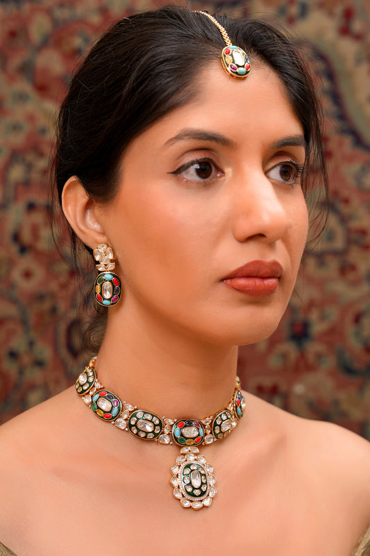 22K Gold-Finish Navratan Moissanite Polki Pendant Necklace Set with Deep Forest Green Meenakari and Maang Tikka