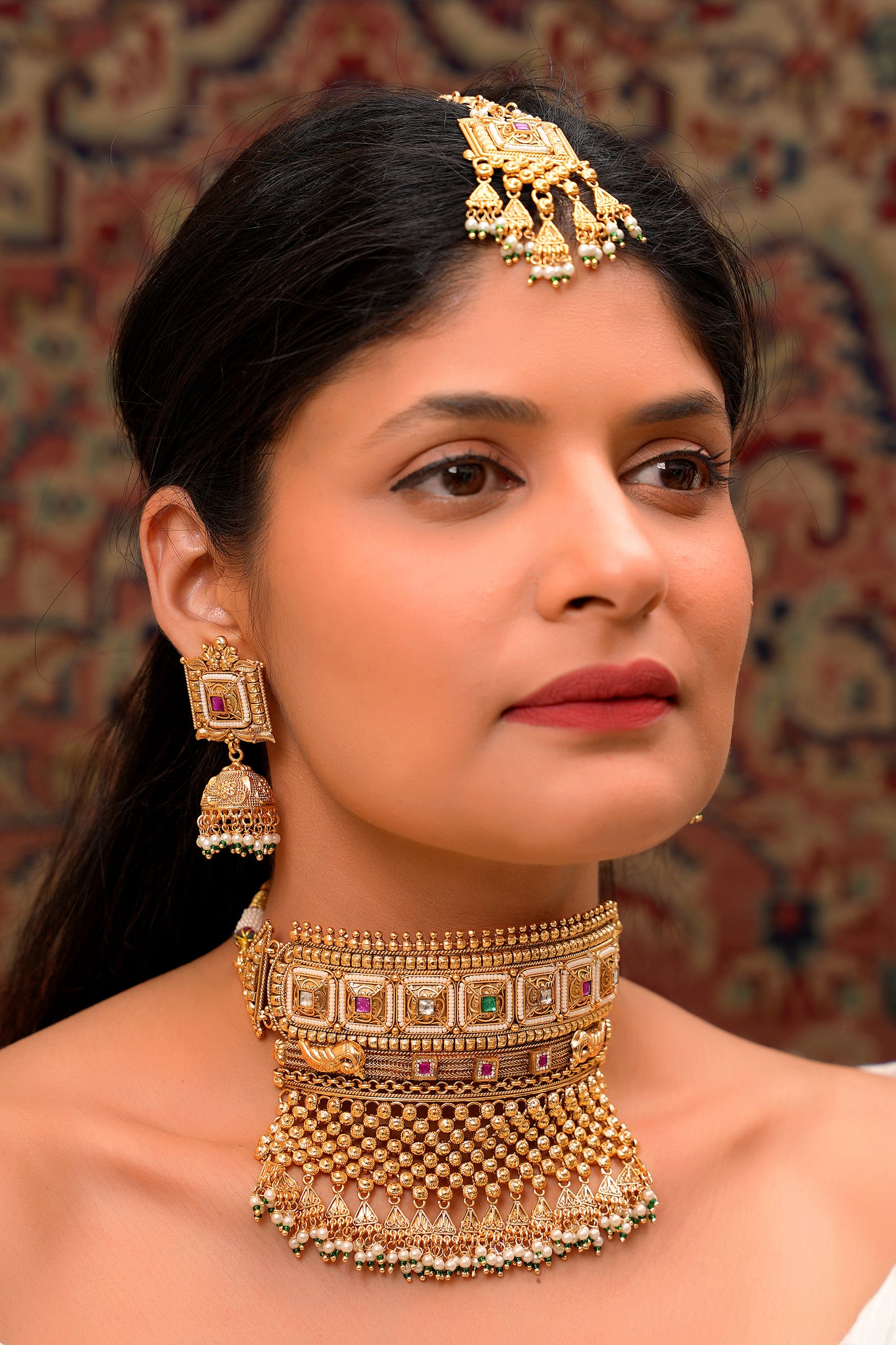 Antique Gold Square Motif Bridal Choker & Jhumka Set with Maang Tikka (Set of 3)