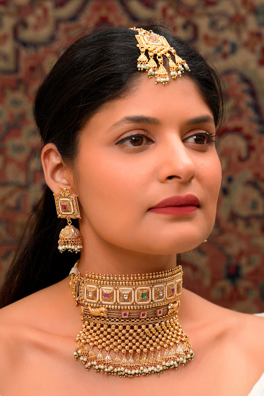 Antique Gold Square Motif Bridal Choker & Jhumka Set with Maang Tikka (Set of 3)