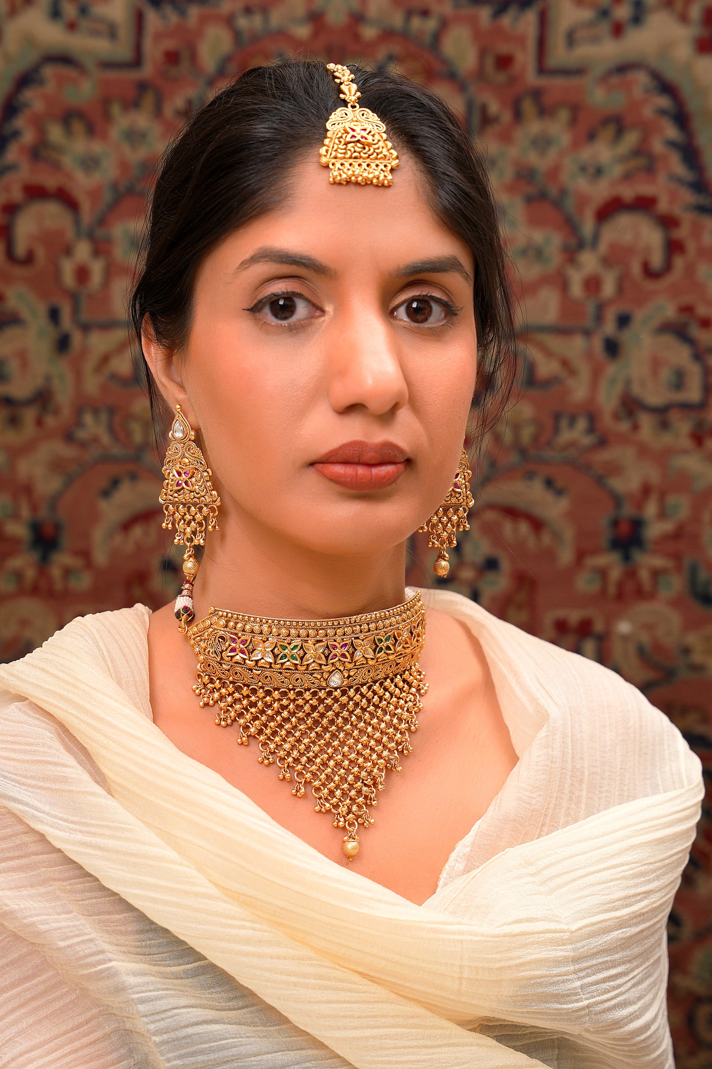 Antique Gold Ghungroo Choker & Jhumka Set with Maang Tikka — Rajput Bridal (Set of 3)
