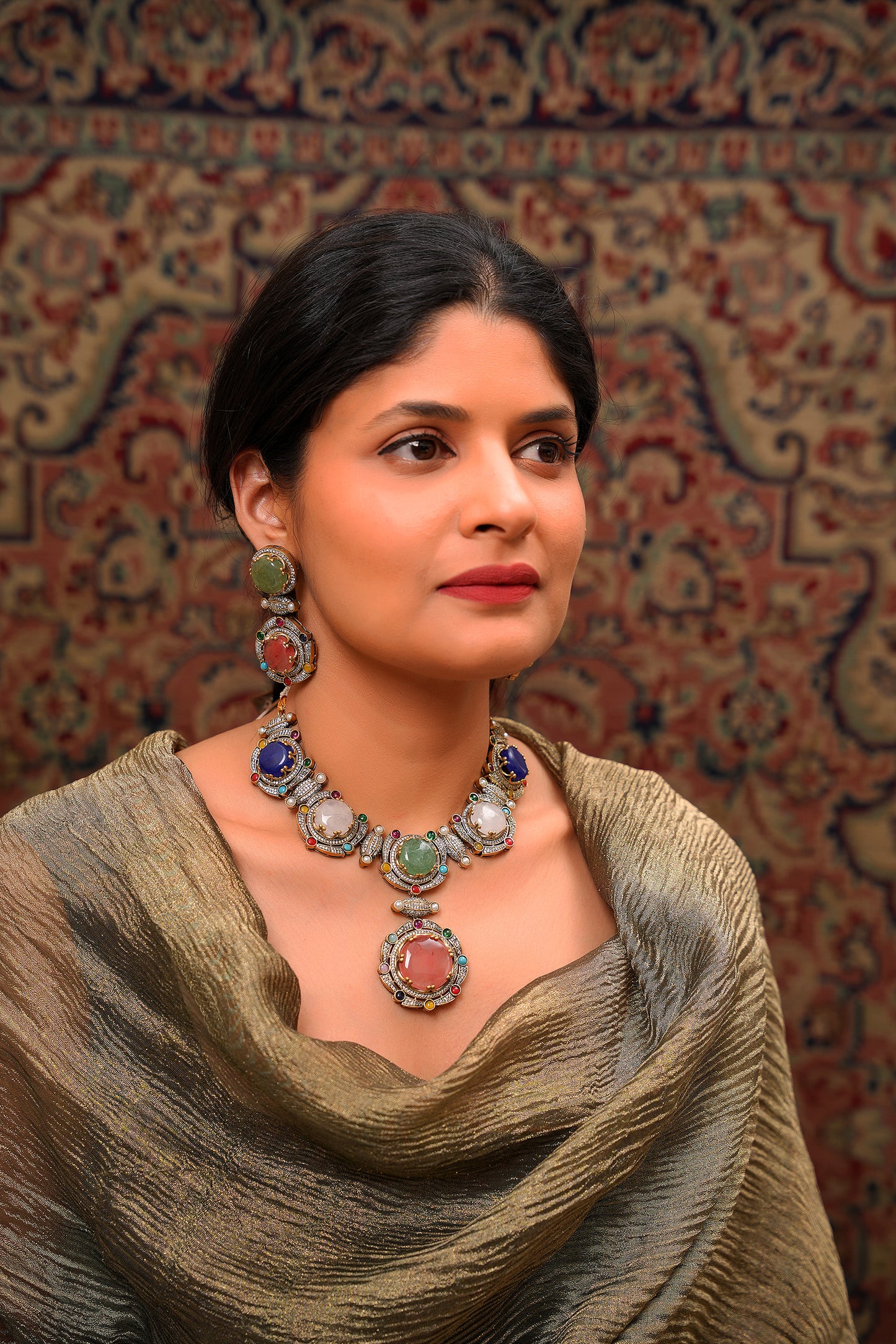Large Multistone Cabochon Haar Necklace Set in 22 Karat Gold Plating (Set of 2)