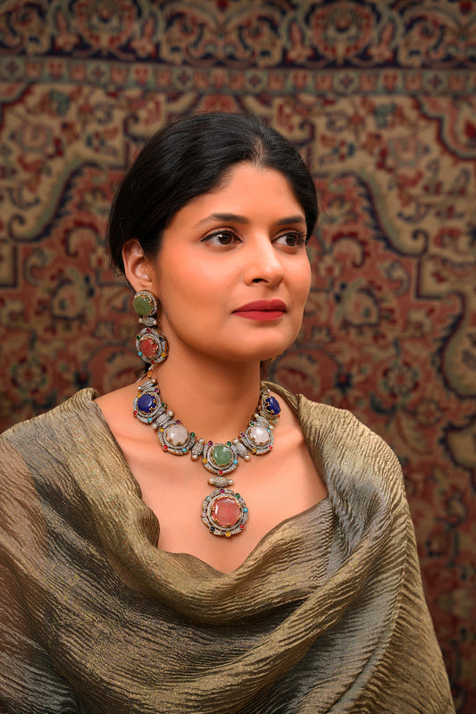 Large Multistone Cabochon Haar Necklace Set in 22 Karat Gold Plating (Set of 2)