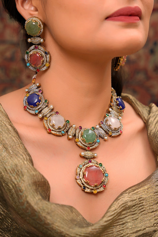 Large Multistone Cabochon Haar Necklace Set in 22 Karat Gold Plating (Set of 2)