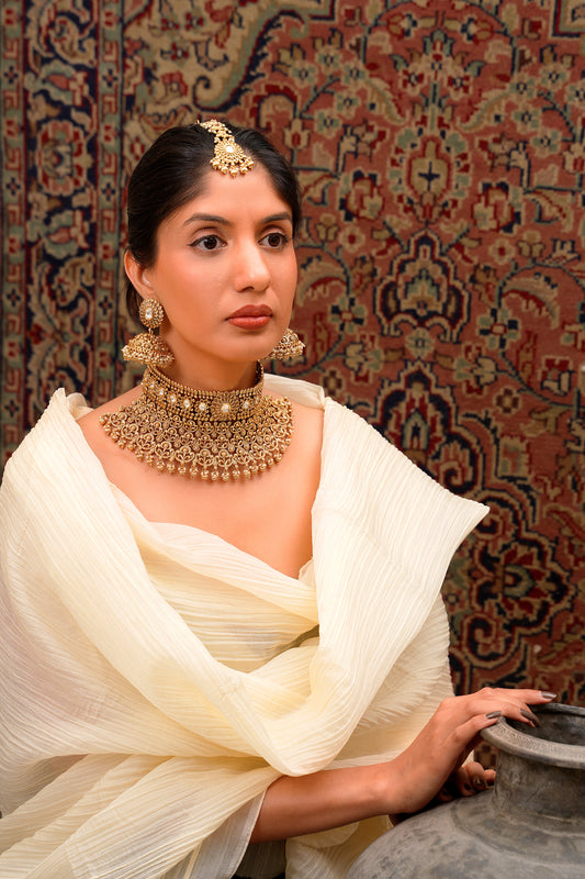22K Antique Gold Filigree Floral Bridal Choker Set with Maang Tikka — Artisan Statement (Set of 3)