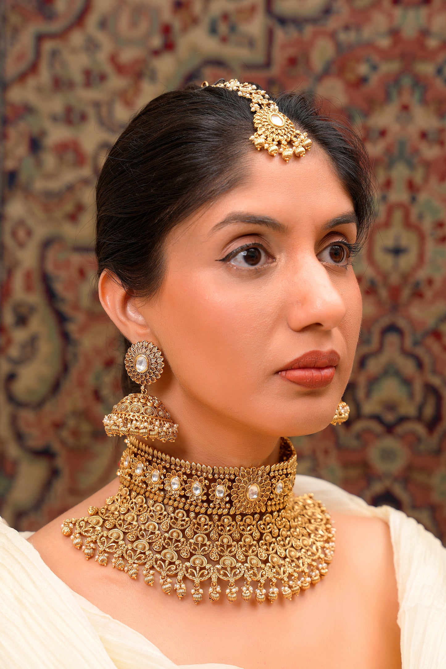 22K Antique Gold Filigree Floral Bridal Choker Set with Maang Tikka — Artisan Statement (Set of 3)