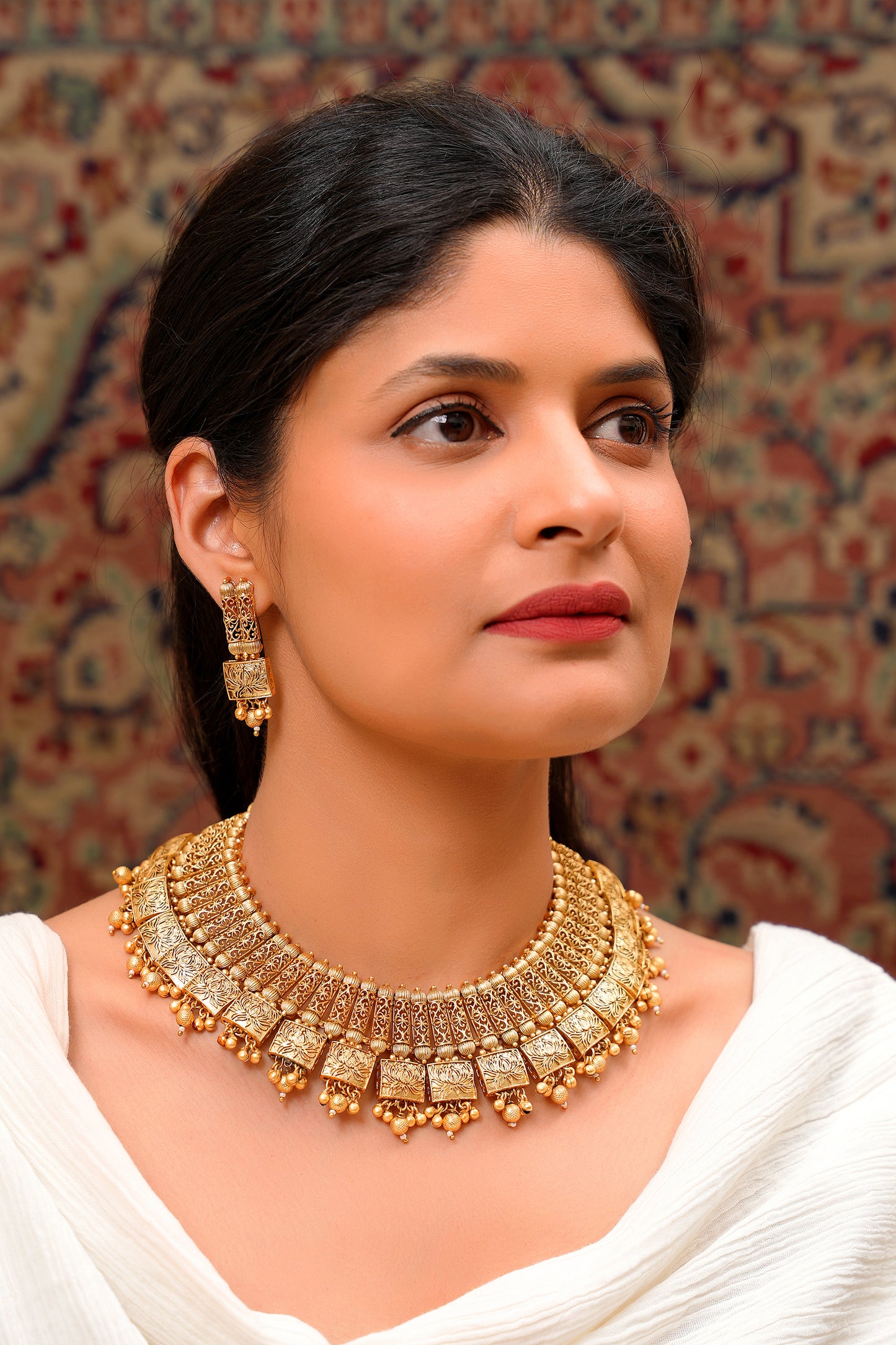 Antique Gold Filigree Lotus Choker Necklace & Earring Set — Heritage Craft (Set of 2)