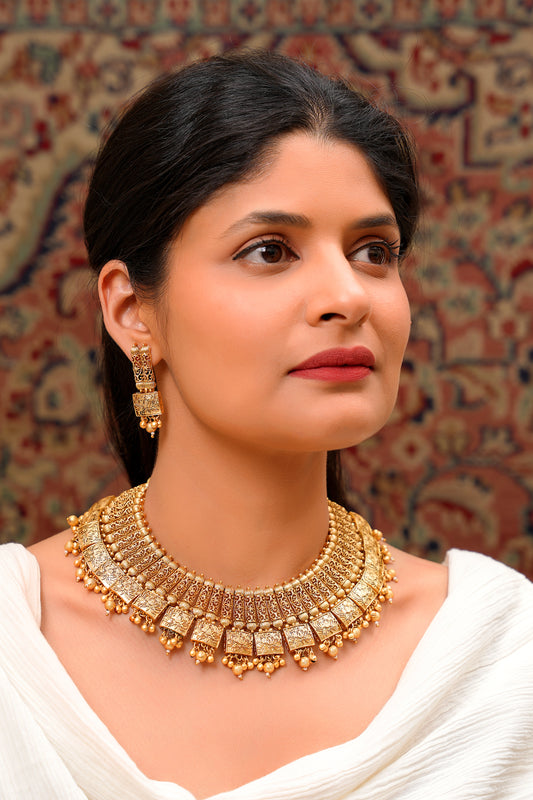 Antique Gold Filigree Lotus Choker Necklace & Earring Set — Heritage Craft (Set of 2)