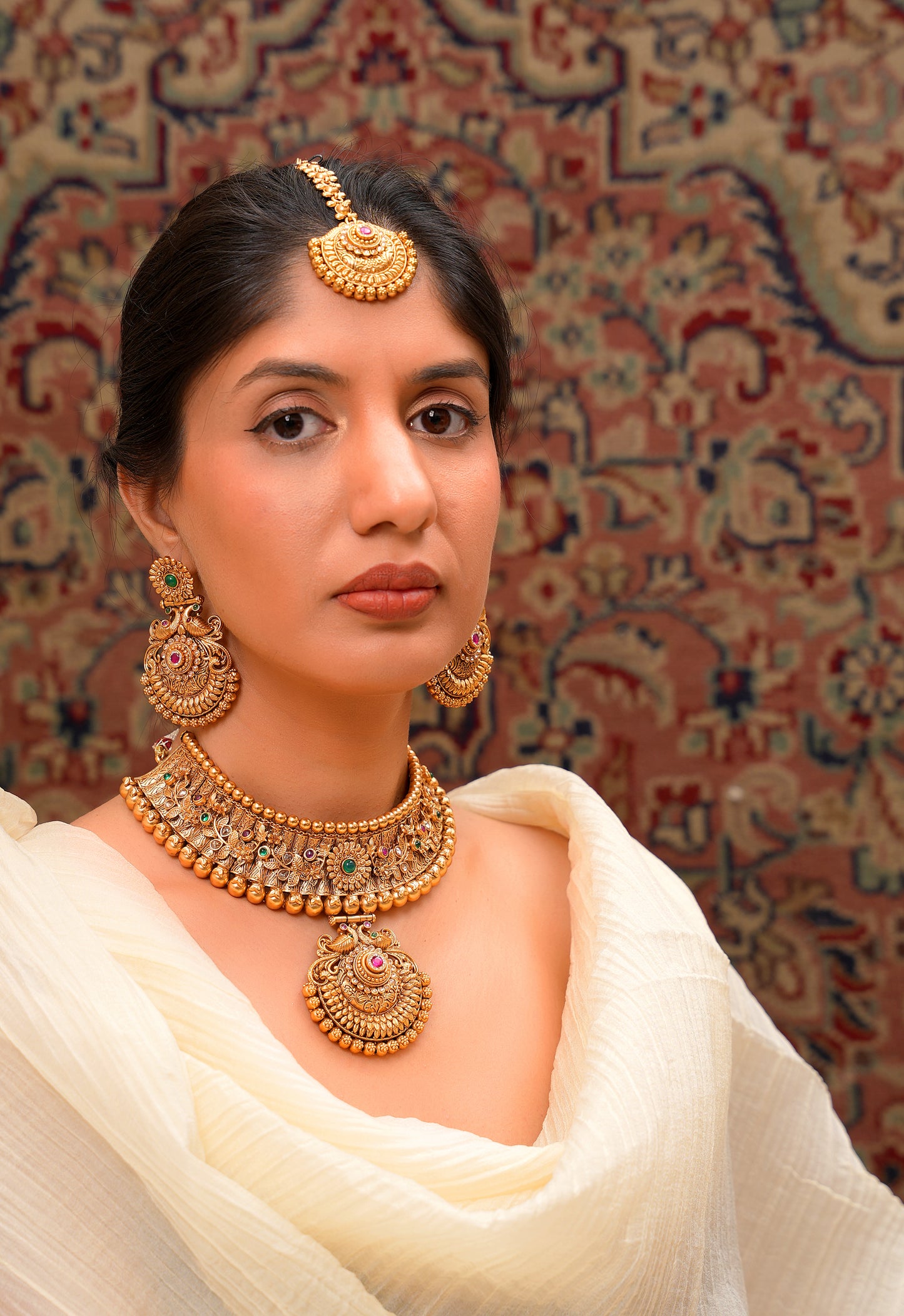 Antique Gold Temple Peacock Necklace Set with Maang Tikka — South Indian Bridal (Set of 3)