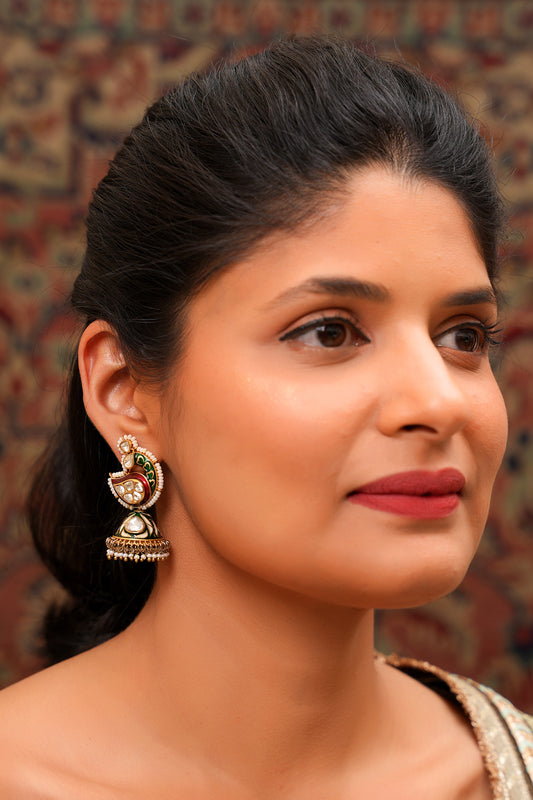 Peacock Meenakari Jhumka Earrings with Moissanite Polki & Pearl Drops — 22K Gold Finish