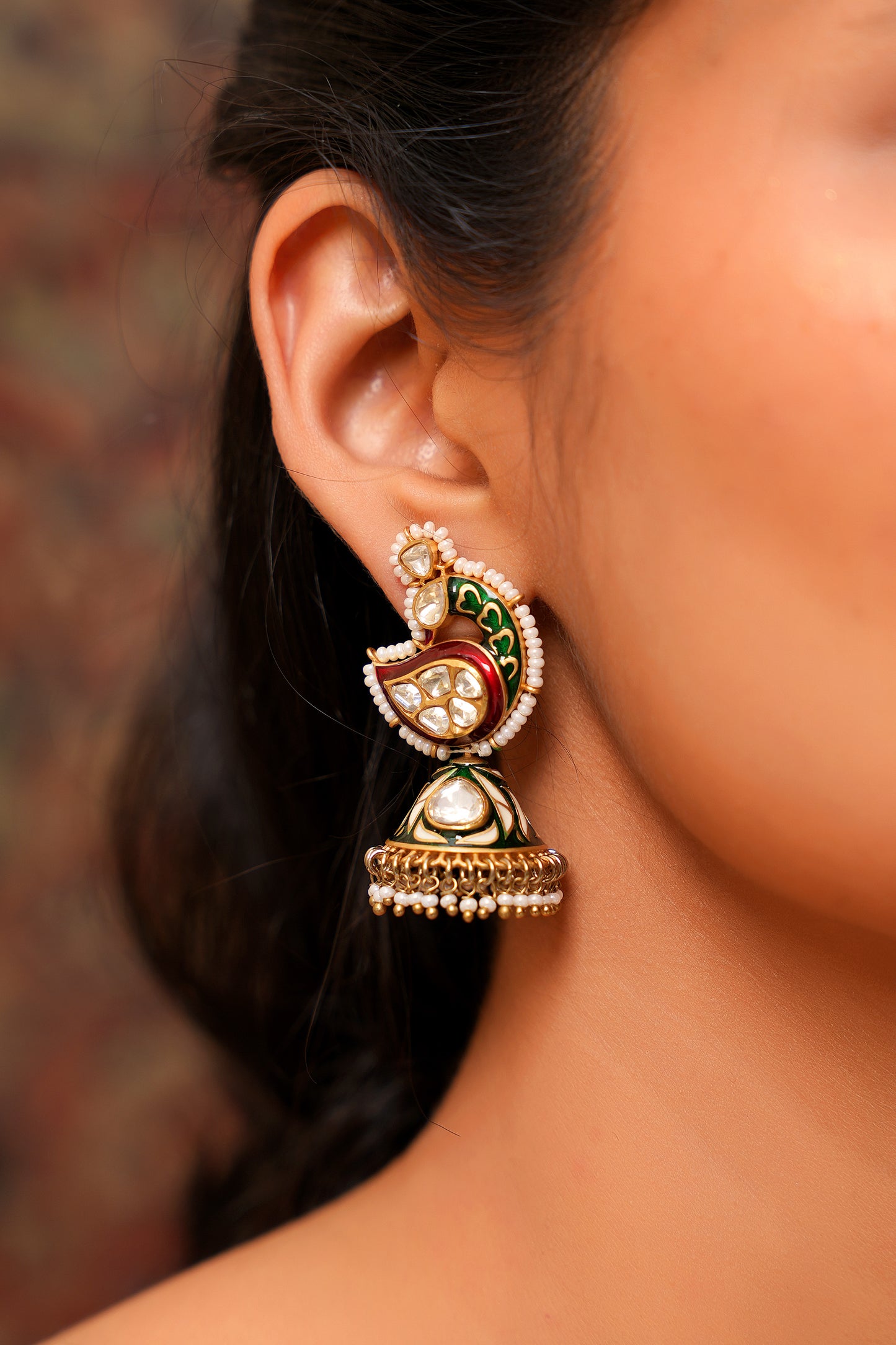 Peacock Meenakari Jhumka Earrings with Moissanite Polki & Pearl Drops — 22K Gold Finish