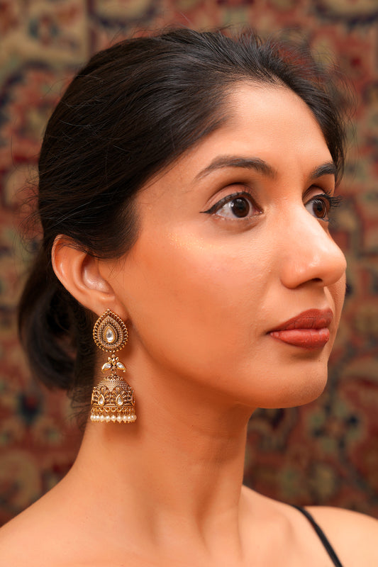 Antique Gold Polki Jhumka Earrings with Pearl Drops — Traditional South Indian Jewellery