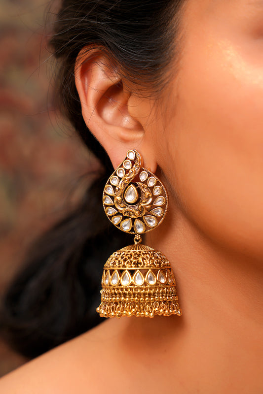 22K Antique Gold Moissanite Polkii Peacock Filigree Jhumka Earrings