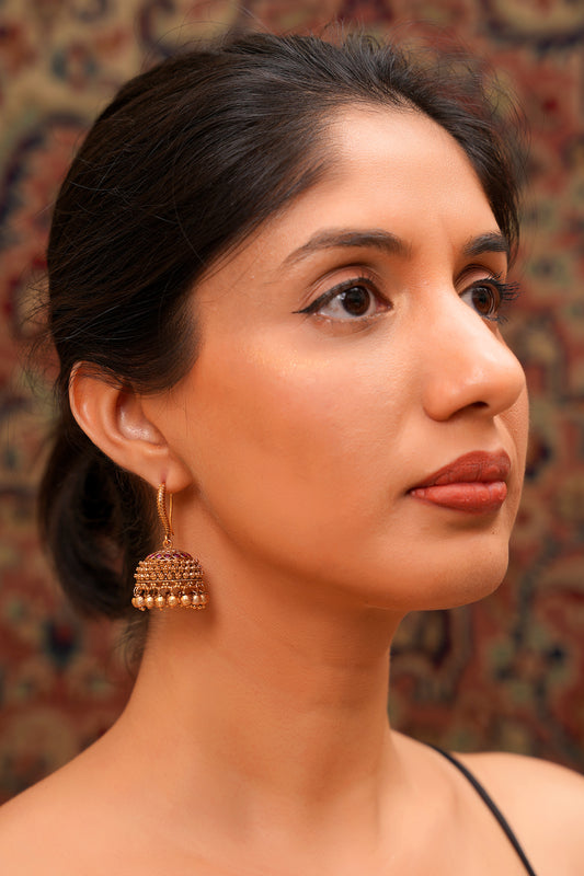 Antique Gold Granulated Jhumka Earrings with Ruby Accents and Ghunghroo — Temple Style