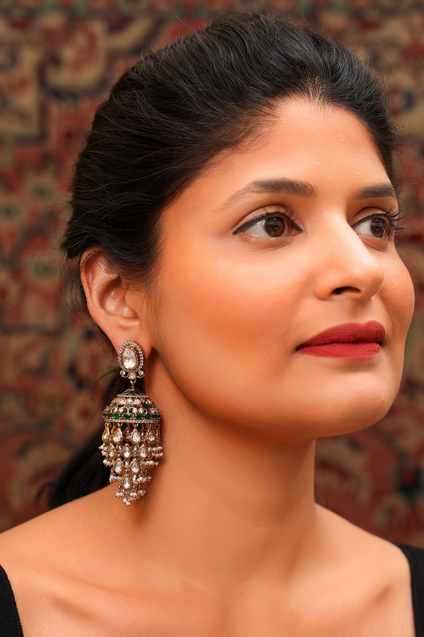 Gold-Plated Moissanite Polki & Emerald Green Agate Chandelier Jhumka Earrings — Mughal Festive