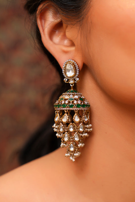 Gold-Plated Moissanite Polki & Emerald Green Agate Chandelier Jhumka Earrings — Mughal Festive