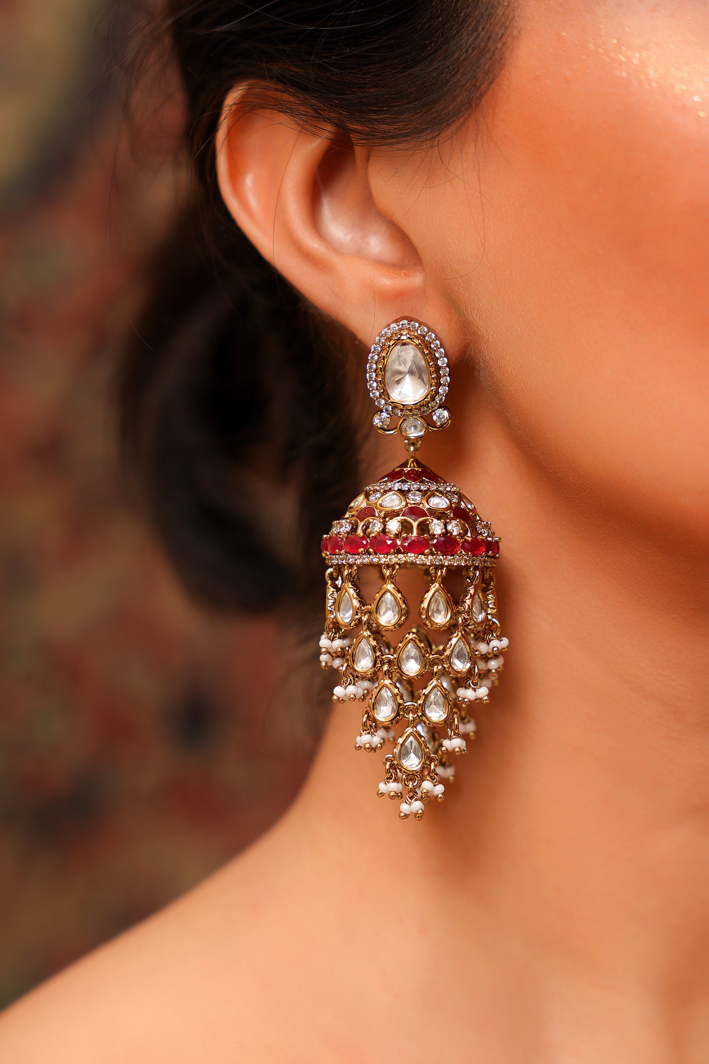 Gold-Plated Moissanite Polki & Red Ruby-Toned Chandelier Jhumka Earrings — Mughal Festive