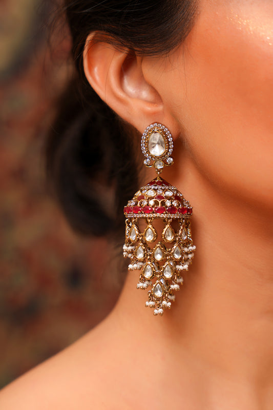 Gold-Plated Moissanite Polki & Red Ruby-Toned Chandelier Jhumka Earrings — Mughal Festive