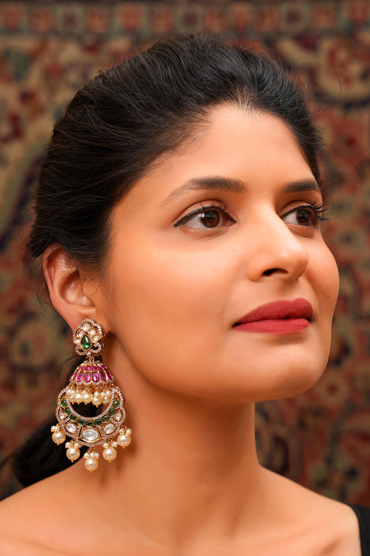 Moissanite Polki Chandbali Earrings with Ruby, Emerald and Pearl Drops — Mughal Heritage