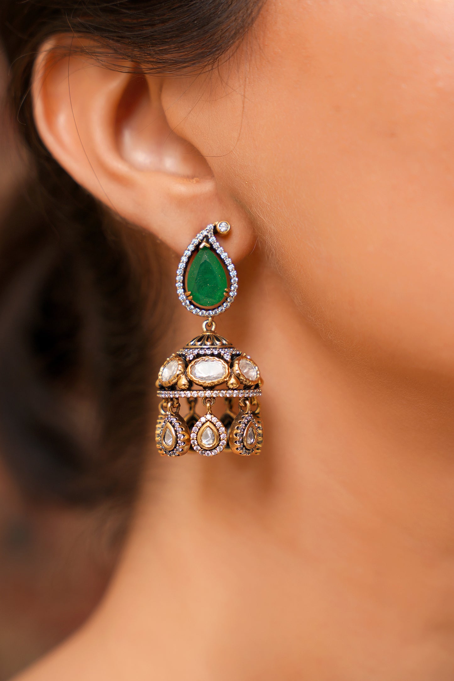 Emerald Green Agate, Polki, & Pavé American Diamond Jhumka Earrings in Antique 22 Karat Gold Finish