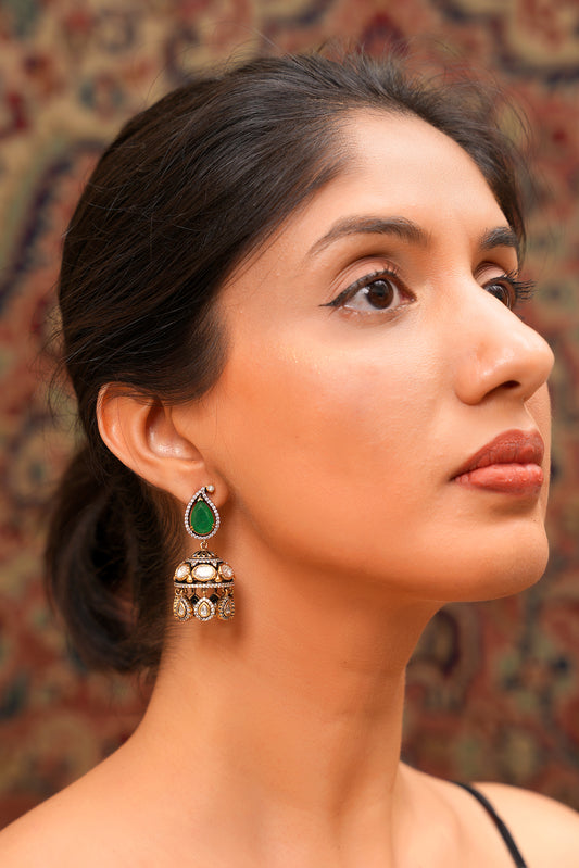 Emerald Green Agate, Polki, & Pavé American Diamond Jhumka Earrings in Antique 22 Karat Gold Finish