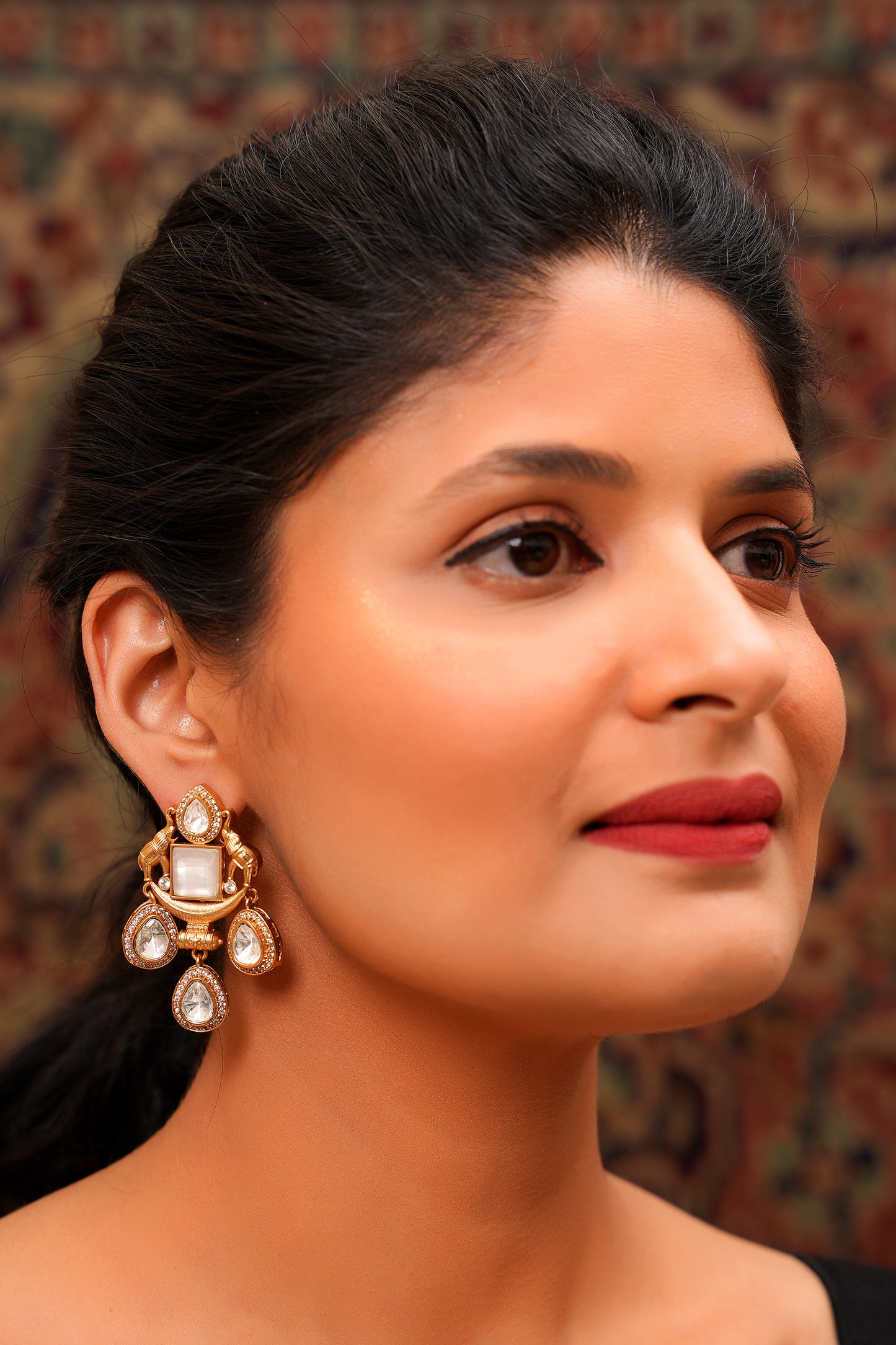 Gold-Plated Mother-of-Pearl & Moissanite Polki Elephant Drop Chandelier Earrings — Statement Occasion Jewellery