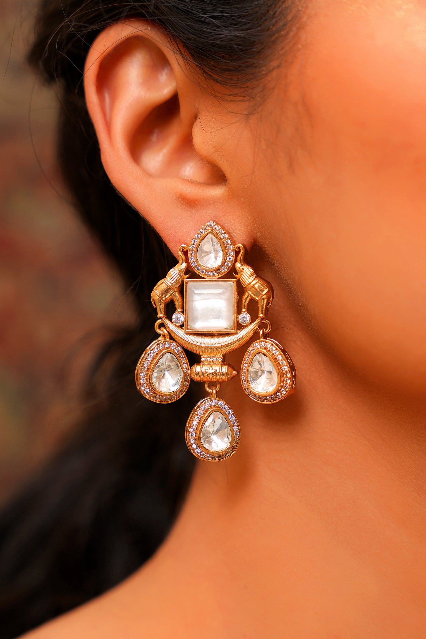 Gold-Plated Mother-of-Pearl & Moissanite Polki Elephant Drop Chandelier Earrings — Statement Occasion Jewellery