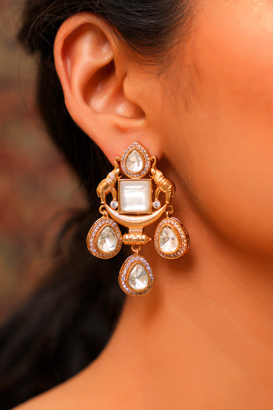 Gold-Plated Mother-of-Pearl & Moissanite Polki Elephant Drop Chandelier Earrings — Statement Occasion Jewellery