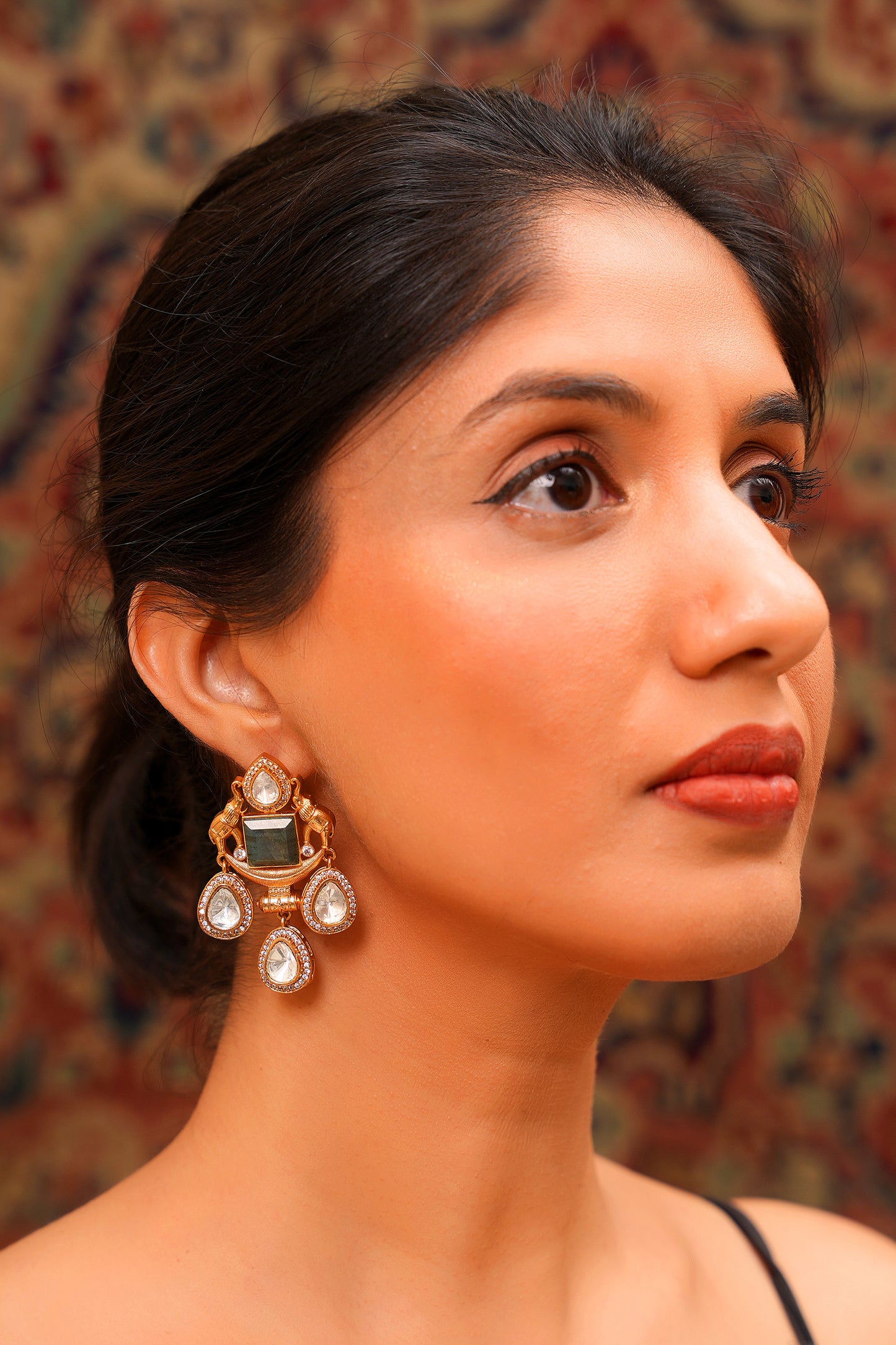 Gold-Plated Labradorite & Moissanite Polki Elephant Drop Chandelier Earrings — Statement Occasion Jewellery