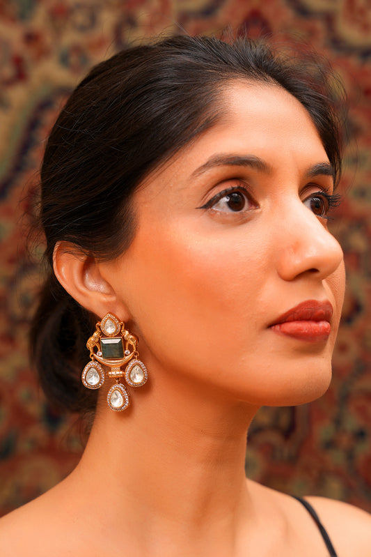 Gold-Plated Labradorite & Moissanite Polki Elephant Drop Chandelier Earrings — Statement Occasion Jewellery