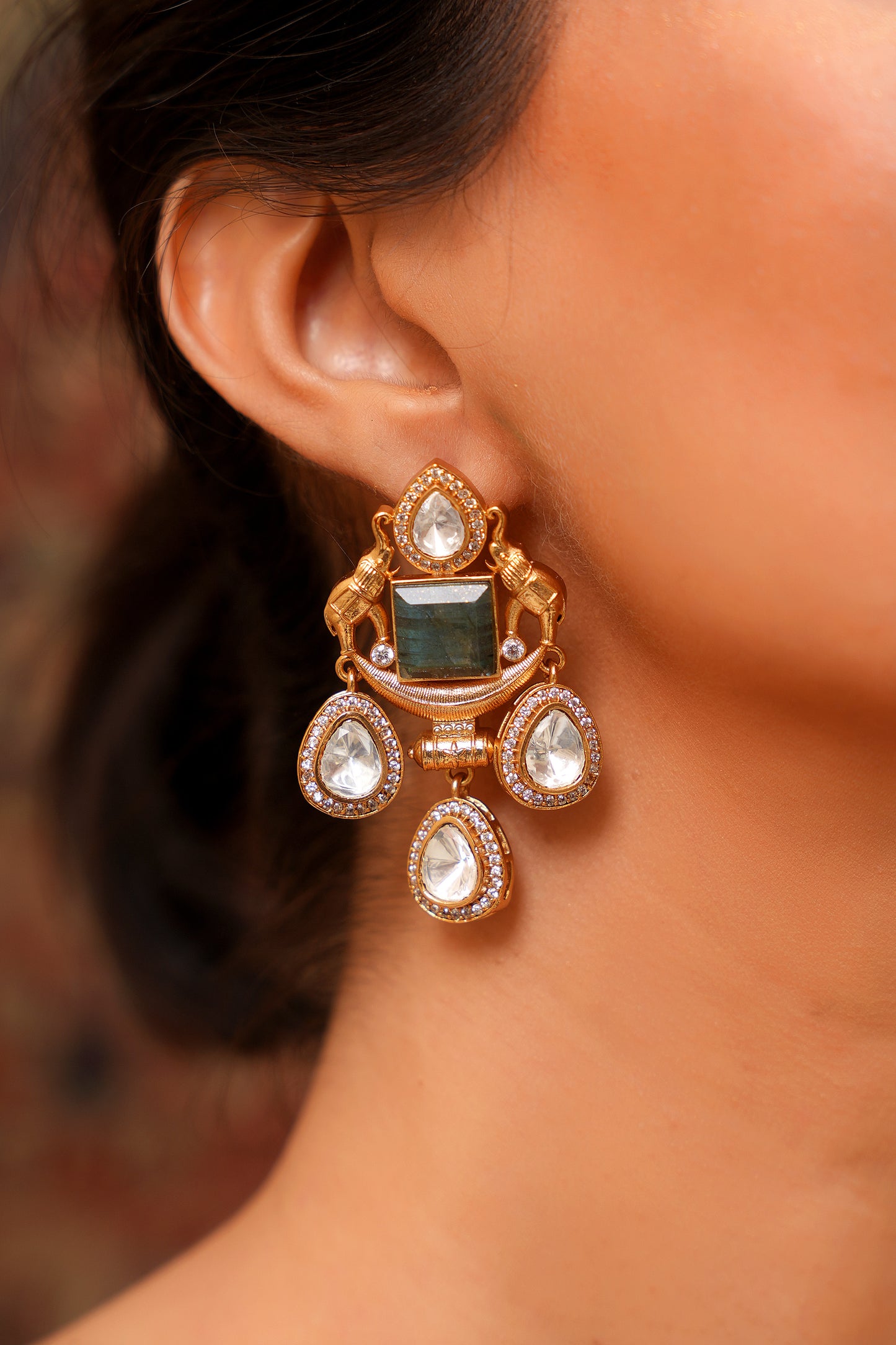 Gold-Plated Labradorite & Moissanite Polki Elephant Drop Chandelier Earrings — Statement Occasion Jewellery