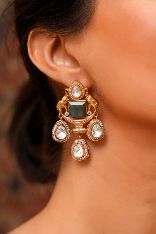 Gold-Plated Labradorite & Moissanite Polki Elephant Drop Chandelier Earrings — Statement Occasion Jewellery