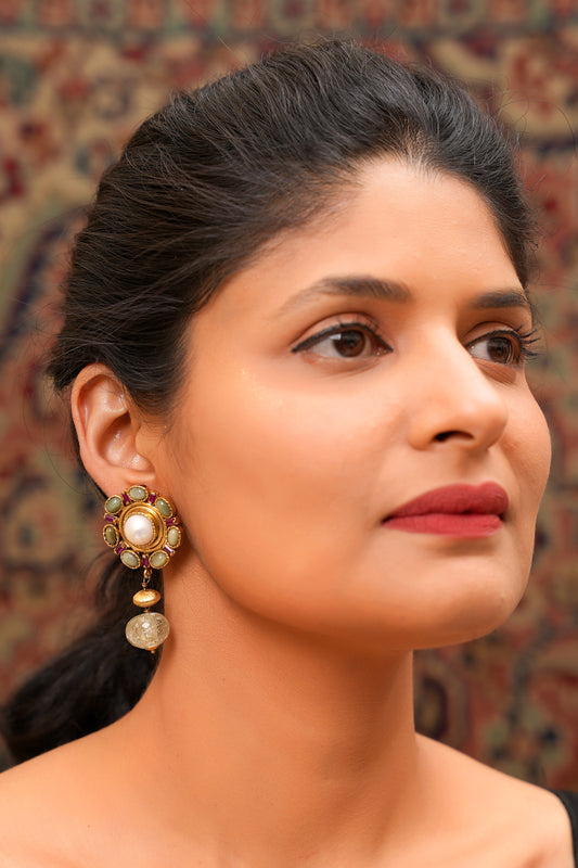 Pearl & Cabochon Cluster Stud Drop Earrings in 22K Gold Finish