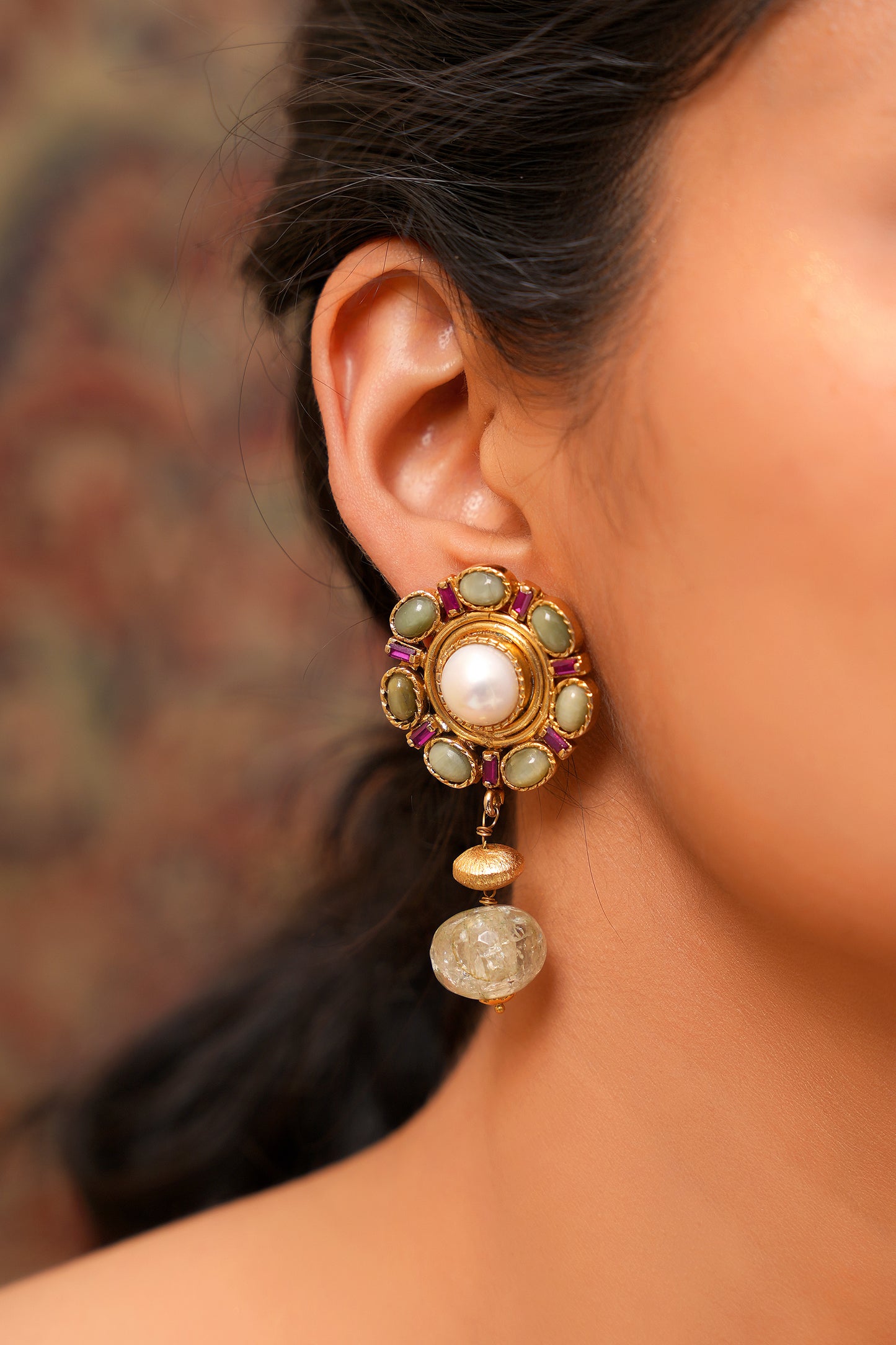 Pearl & Cabochon Cluster Stud Drop Earrings in 22K Gold Finish