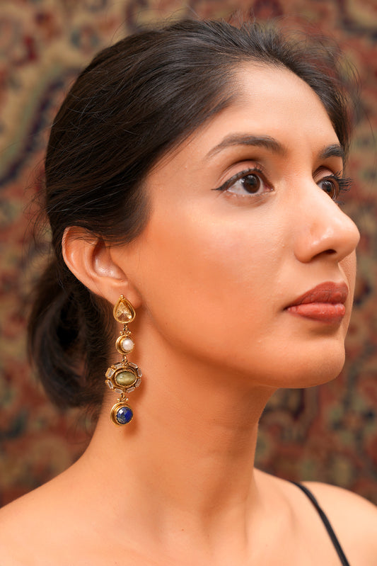 22K Gold Finish Linear Multi-Stone Drop Earrings — Contemporary Statement