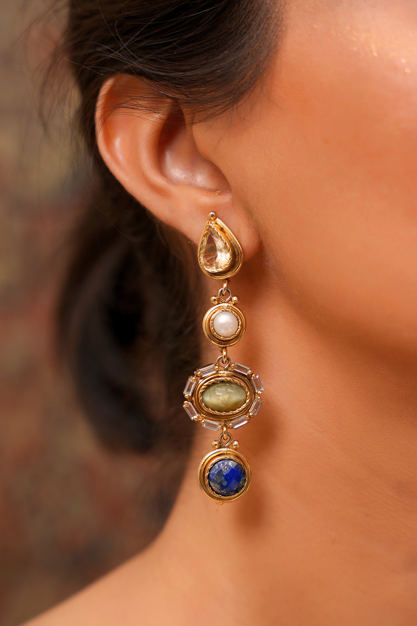 22K Gold Finish Linear Multi-Stone Drop Earrings — Contemporary Statement
