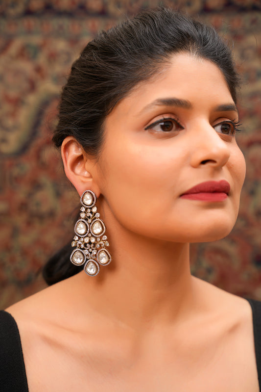 Grand Polki and American Diamond Chandelier Drop Earrings in 22 Karat Gold Finish