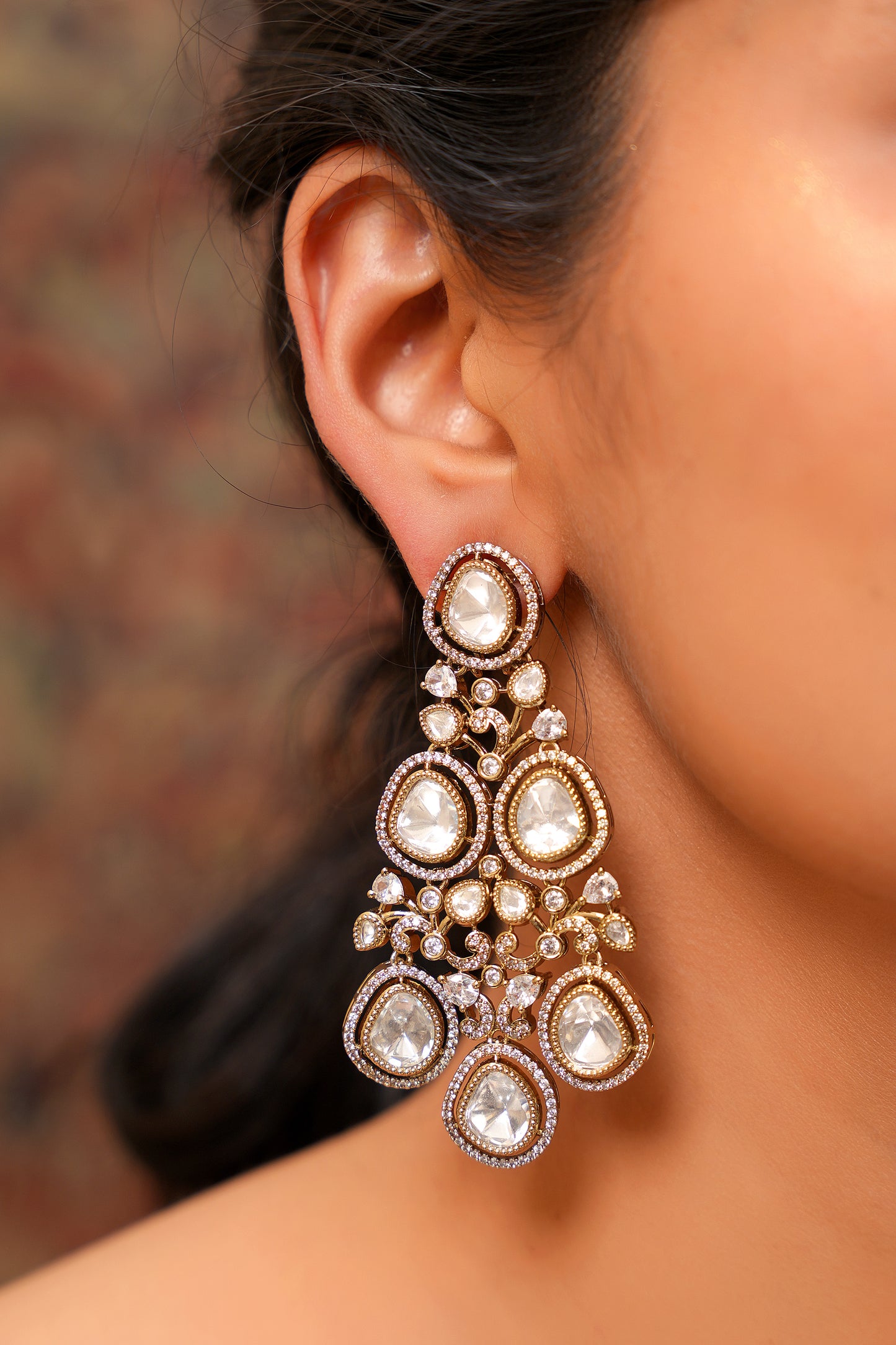 Grand Polki and American Diamond Chandelier Drop Earrings in 22 Karat Gold Finish