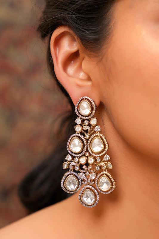 Grand Polki and American Diamond Chandelier Drop Earrings in 22 Karat Gold Finish