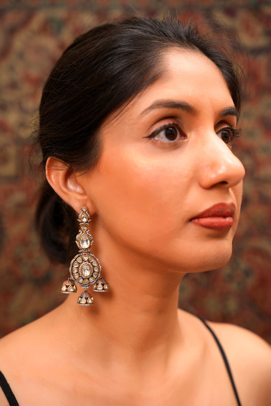 Victorian Two-Tone Moissanite Polki & American Diamond Triple Jhumka Chandelier Earrings: Gunmetal & Gold Foliate Drops