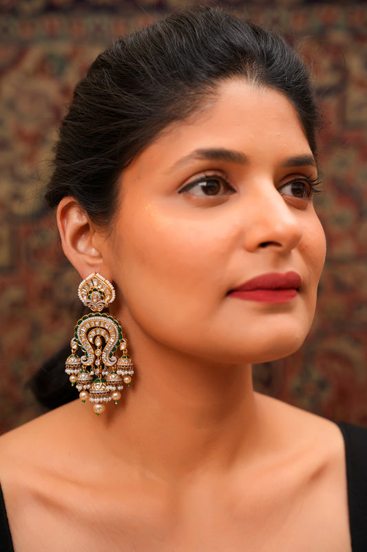 Price Check Gold-Plated Moissanite Polki Paisley Chandelier Earrings with Meenakari & Pearl Jhumkas