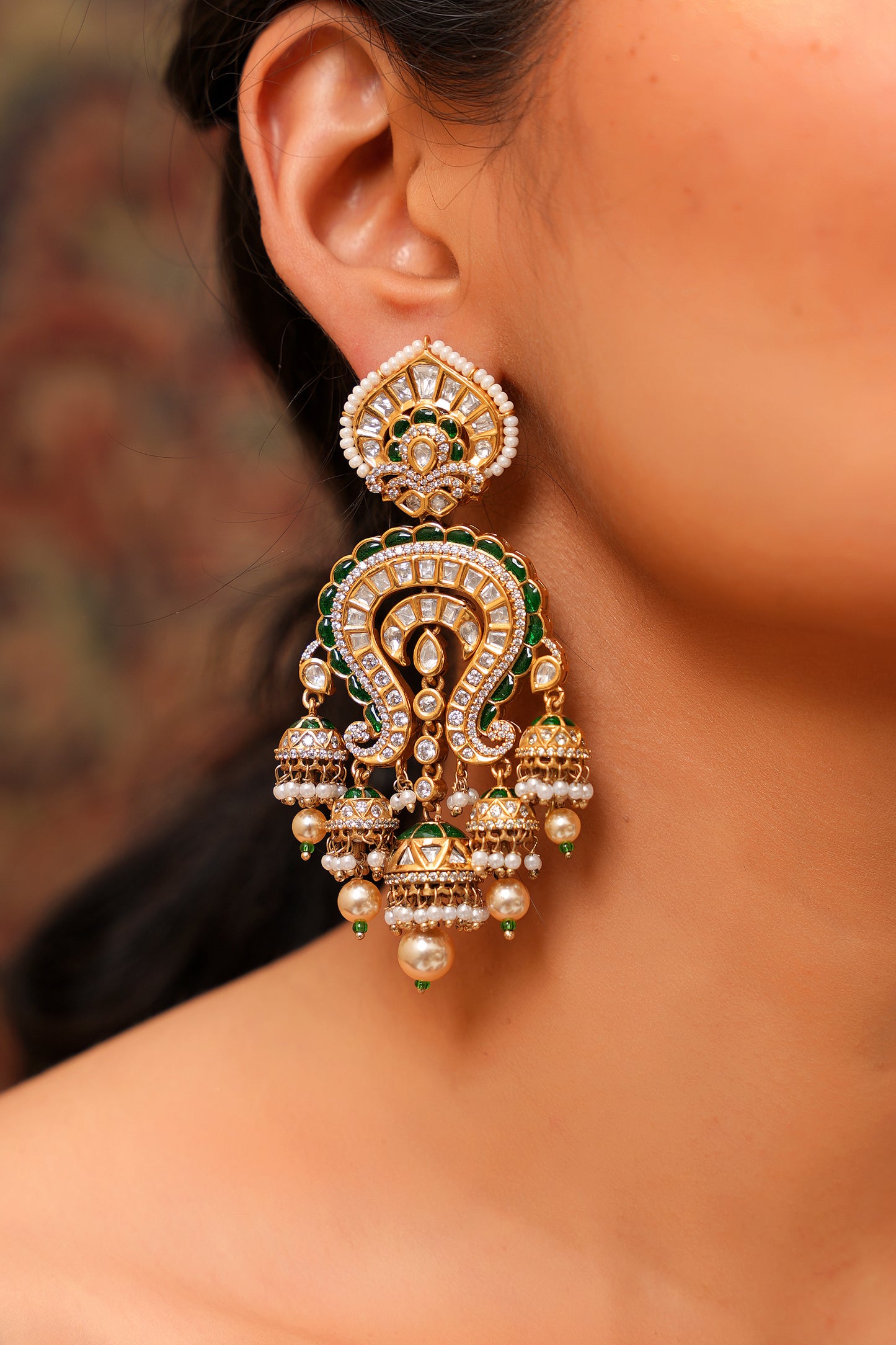 Price Check Gold-Plated Moissanite Polki Paisley Chandelier Earrings with Meenakari & Pearl Jhumkas