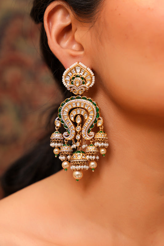 Price Check Gold-Plated Moissanite Polki Paisley Chandelier Earrings with Meenakari & Pearl Jhumkas