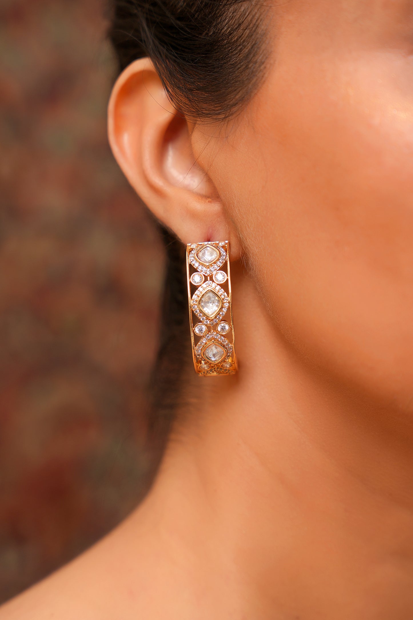 22K Gold Finish Moissanite Polki and American Diamond Wide Hoop Earrings — Contemporary Heritage