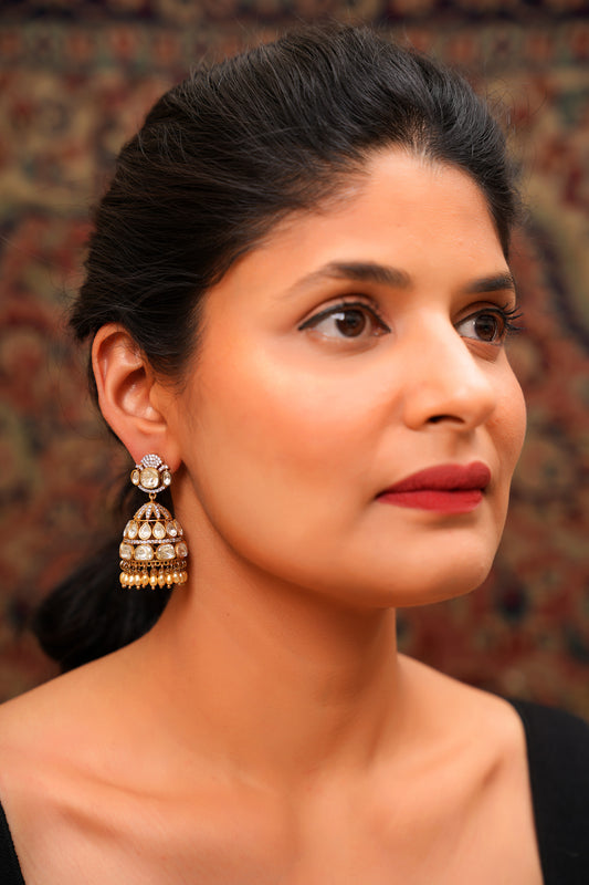 Gold-Plated Moissanite Polki Two-Tier Jhumka Earrings with an Oval Pearl Fringe