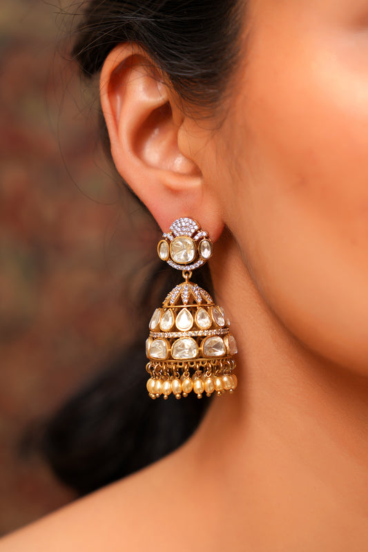 Gold-Plated Moissanite Polki Two-Tier Jhumka Earrings with an Oval Pearl Fringe