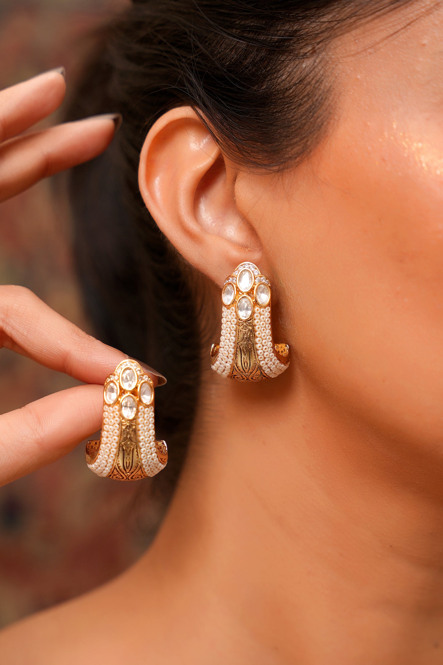 Gold-Finish Seed Pearl Bead Earrings with Moissanite Polki Studded Apex  — Contemporary Chic