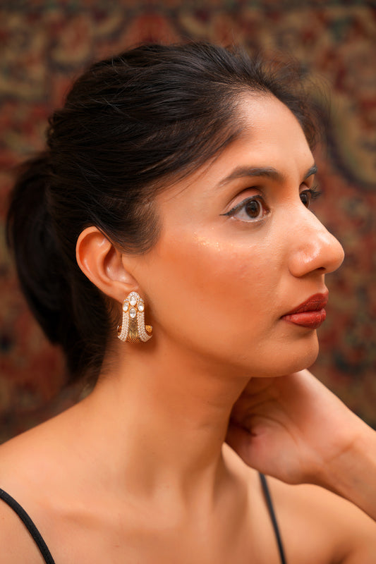 Gold-Finish Seed Pearl Bead Earrings with Moissanite Polki Studded Apex  — Contemporary Chic
