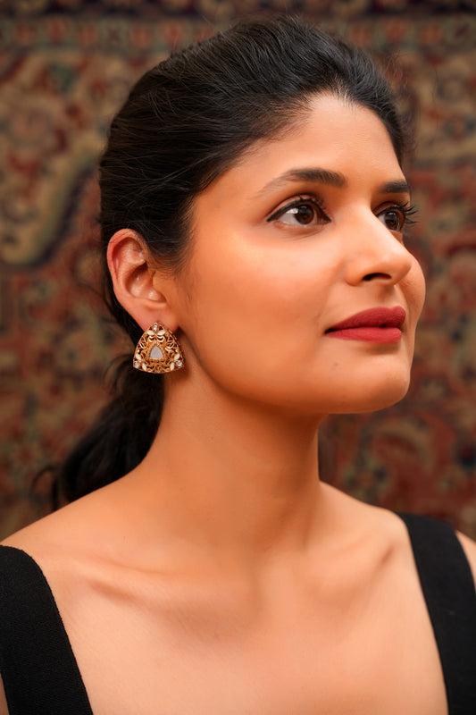 Gold-Finish Triangular Moissanite Polki Stud Earrings with White Meenakari — Rajasthani Bridal