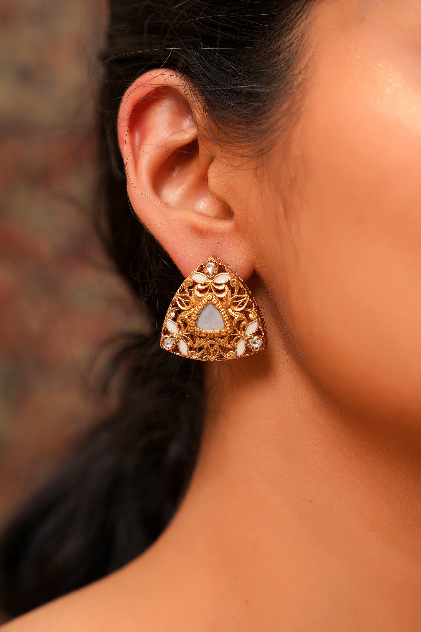 Gold-Finish Triangular Moissanite Polki Stud Earrings with White Meenakari — Rajasthani Bridal